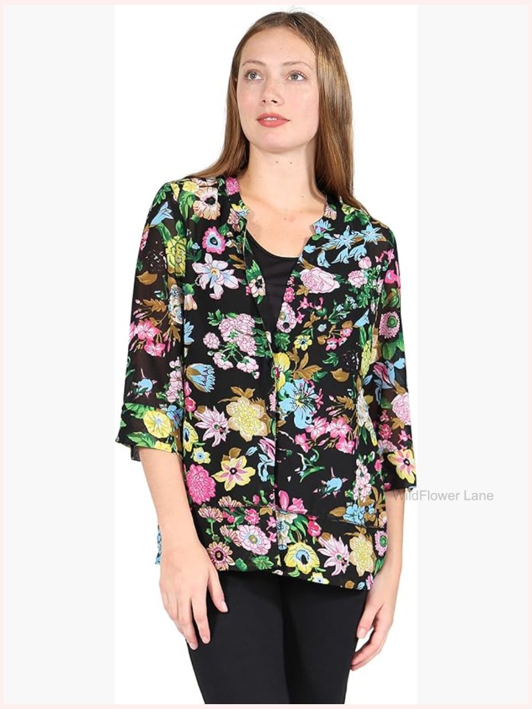Fully Lined Chiffon Blouse, 3/4 Sleeve, Pull-On, Floral Embroidery